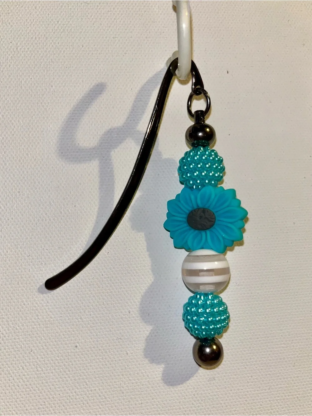 Turquoise Floral Beaded Bookmark w/White Stripes & Shiny Turquoise Bubble Beads